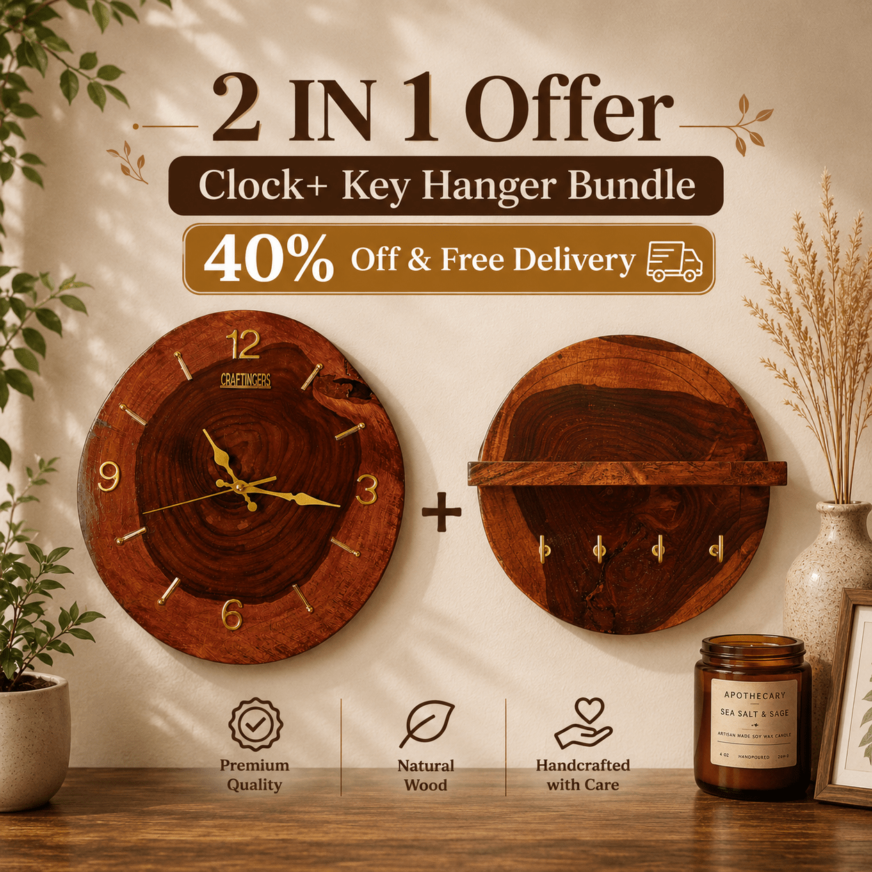 2 IN 1 - Wooden Wall Clock & Key Hanger - Handcrafted | Craftingers