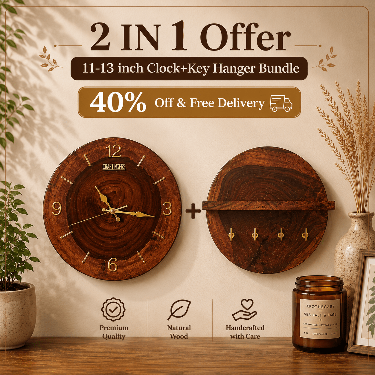 2 IN 1 - Wooden Wall Clock & Key Hanger - Handcrafted | Craftingers