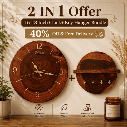 2 IN 1 - Wooden Wall Clock & Key Hanger - Handcrafted | Craftingers