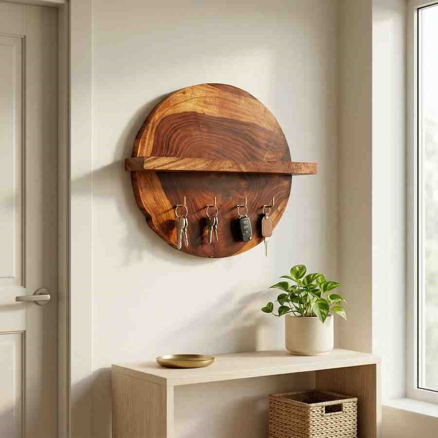 2 IN 1 - Wooden Wall Clock & Key Hanger
